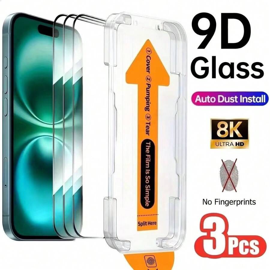 RQVQJ 3Pcs Tempered Glass For IPhone 17 Air 16 15 14 13 12 11 Pro Max XR X XS Max 16 15 14 Plus 16e 17e Screen Protector Dust Free Installation With Easy Full Coverage Positioning Installation Box - 3PCS - View 1