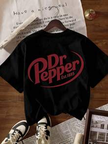 Retro Logo Vintage Soda Graphic Short Sleeve T-Shirt For Women, Casual Crew Neck, Suitable For All Seasons, Autumn/Winter    Relaxed Fit Short Sleeve Top, Women's Valentine's Day Heart Print Oversized Cotton T-Shirt,Streetwear Drop Shoulder T-Shirt - 黑色 - 查看 2