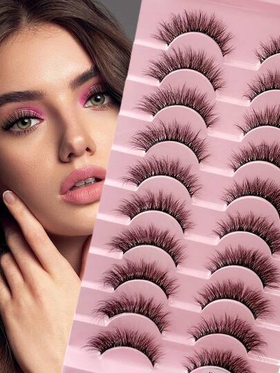 ENCHUW 10 pares de pestañas postizas esponjosas y suaves con volumen, estilo natural, con banda transparente, pestañas reutilizables para maquillaje de vacaciones