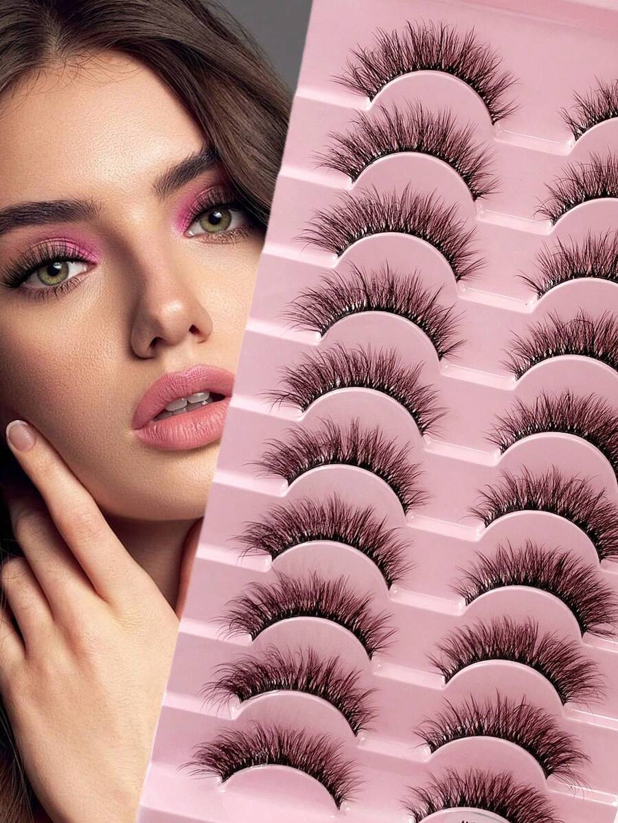 ENCHUW 10 pares de pestañas postizas esponjosas y suaves con volumen, estilo natural, con banda transparente, pestañas reutilizables para maquillaje de vacaciones - Negro - Ver 1