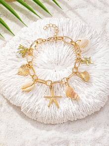 1件夏季沙滩贝壳和海星吊坠手链，海洋主题波西米亚风仿珍珠海洋生物手链，适合日常穿搭、海滩、旅行、摄影、度假 - 彩色 - 查看 3