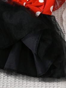 女嬰波點網紗洋裝，荷葉袖領口蝴蝶結泡泡裙，嬰兒幼兒公主正式禮服附髮箍 - 彩色 - 查看 7