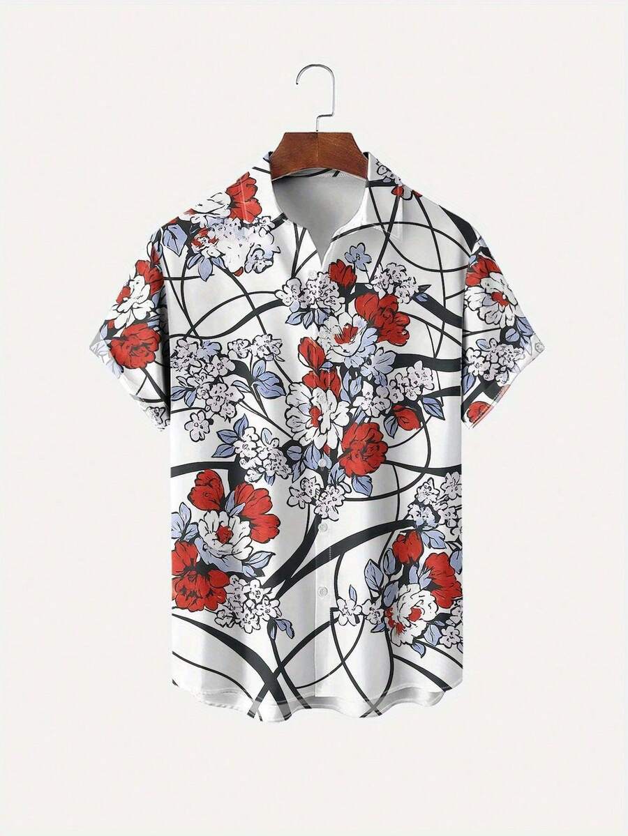 Vivid Red And White Floral Pattern With Intertwining Black Lines Symbolizes Vitality And Modern Elegance 3D Print Casual Short Sleeve Men's Shirt Summer Fashion Top - 白色 - 查看 1