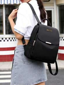 Solid Color Nylon Women Minimalist Versatile Fashion Classic Backpack, Suitable For School, Travel, - Black - View 3