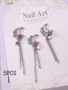 5pcs Star & Moon Chain Nail Decor, Luxury Silver 3D Alloy Metal Nail Jewelry, Multi-Color DIY Nail Art Accessories, Nail Gems, Nail Supplies Nails - Multicolor - View 6