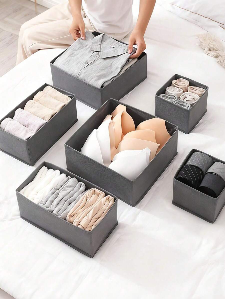 Scatola portaoggetti pieghevole in tessuto, organizer per armadio, divisore per cassetti per vestiti, biancheria intima, reggiseni, calze, essenziale per la decorazione della casa e il dormitorio, contenitore per la biancheria intima di grande capacità con scomparti, colore nero - Grigio Scuro - Visualizzare 1