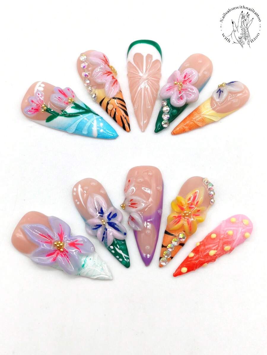 10片纯手工压制美甲贴片，33毫米长细高跟美甲贴片，肤色美甲贴片，绿色柠檬片造型美甲贴片，立体紫色花朵美甲贴片，黄色花朵美甲贴片，手绘绿色枝条美甲贴片，绿色美甲贴片，蓝色美甲贴片，菠萝形美甲贴片。可爱春日美甲贴片，尖头美甲贴片。按压式美甲贴片 - 彩色 - 查看 1