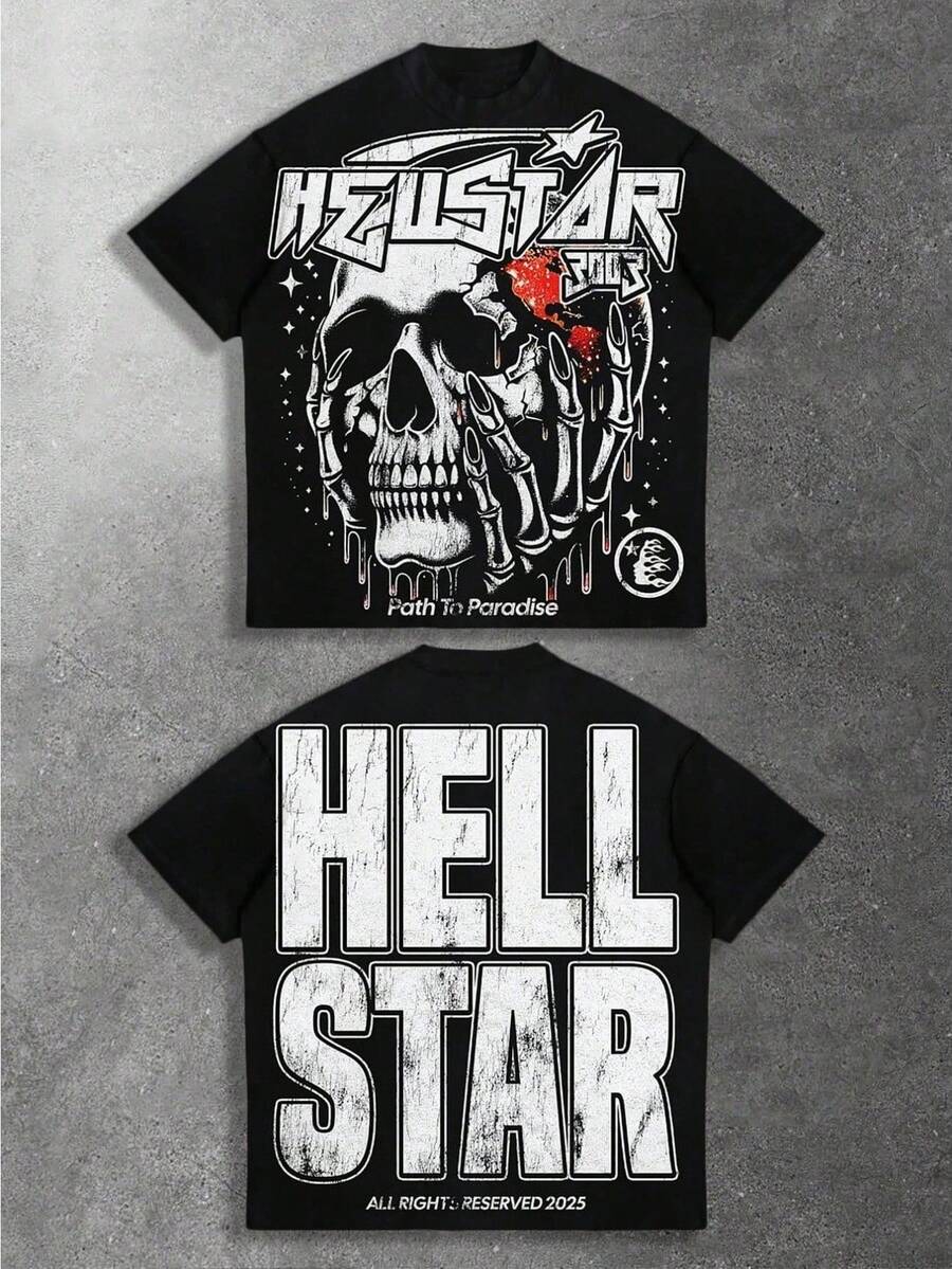 Hell Star Paradise Skull Flame Distressed Oversized Graphic Tee Men's Short Sleeve Pure Cotton T-Shirt Loose Fit, Y2K Streetwear Vintage Casual Punk Gothic Aesthetic Baggy 100% Cotton Pullover Gift - 黑色 - 查看 1