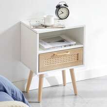 Rattan Side Table With Drawer And Solid Wood Legs, Modern Bedside Table, Side Table For Living Room, Bedroom, White - H55/W40/D30 Cm - White + Natural + Medium Density Fiberboard - View 9