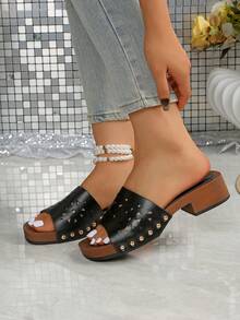 Women's Niche Round Toe Open Toe Slippers, Strap Rivet High Heel Slides - Black - View 6
