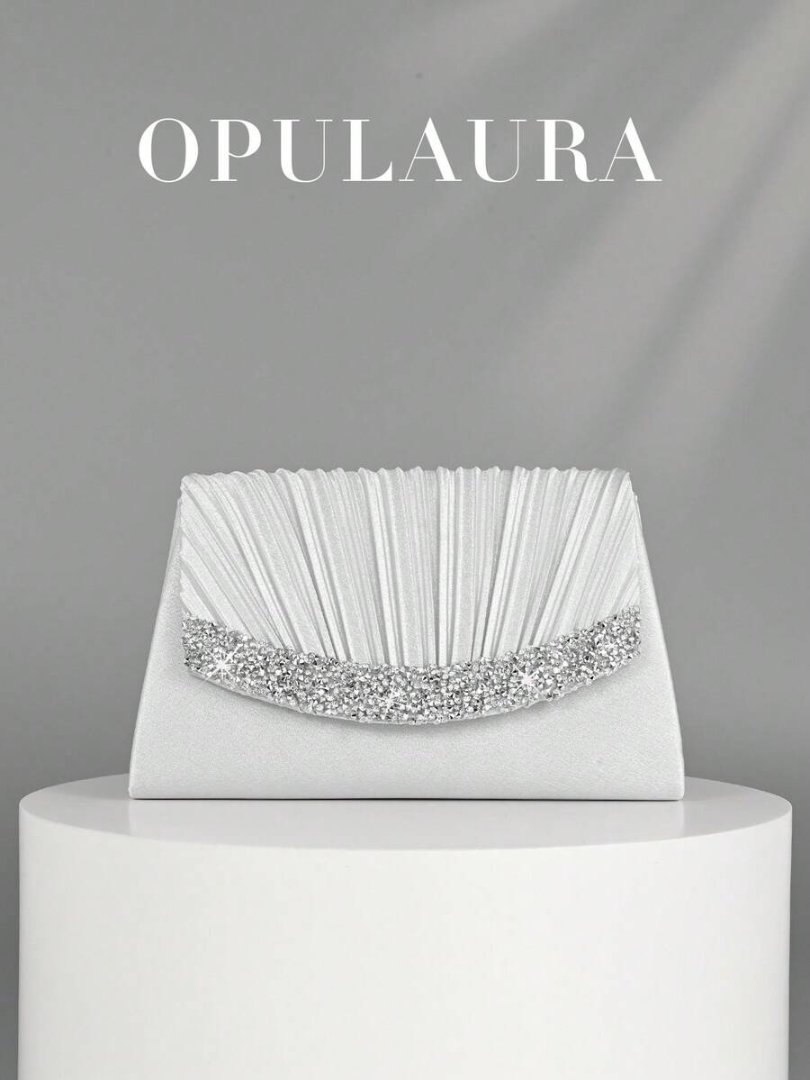 OpulAura 银色褶皱迷你手拿包，适合秋冬季节。这款优雅时尚的信封式手提包饰有闪亮水钻，专为女性设计，适合派对、婚礼、晚宴、毕业典礼等场合，是理想的礼物之选。 - 銀色 - 查看 1