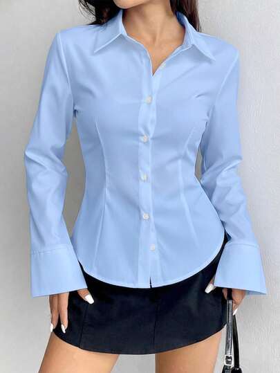 Women's Spring/Autumn New Slim Fit Long Sleeve Collared Button-Up Shirt, Minimalist Fashion Elegant Casual Essential