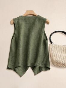 大码女式春夏休闲亚麻西装背心 - 軍綠色 - 查看 2