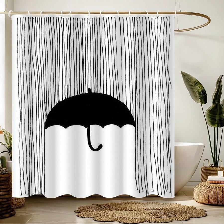 1pc Geometric Line Art Spring Style Shower Curtain, Modern Painting-Like Design, Unique Home Gift, Gift For Friends, Machine Washable, All-Season Use, Bathroom Decor - Multicolor - View 1