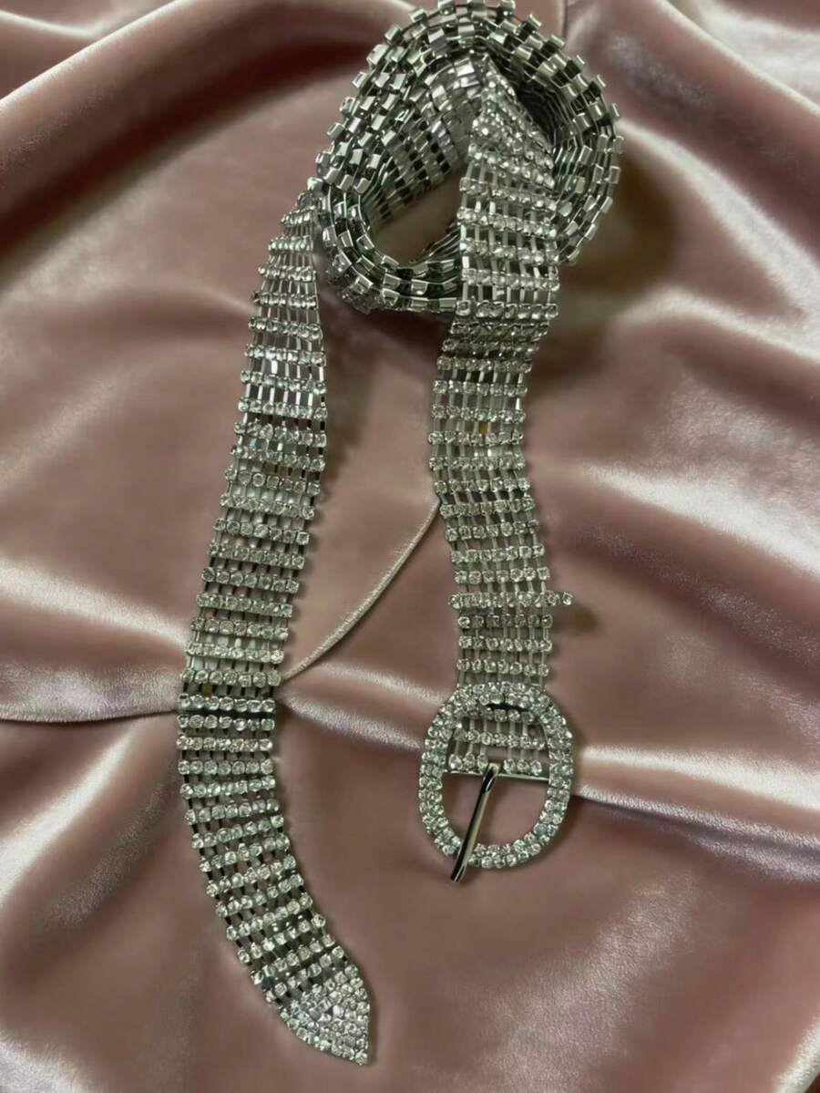 Party Full Rhinestone Women's Waist Belt, Fashionable All-Match Bling Rhinestone Studded Leather Belt, Decorative Accessory For Dress, S Halloween Summer, School Fall, Autumn, Halloween - Silver - View 1