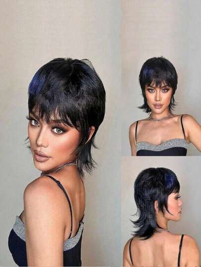 Short Brown Wigs Shaggy Layered 80s Mullet Wig Pixie Cut Wig With Bangs Curly Synthetic Natural Fake Hair Replacement Wigs