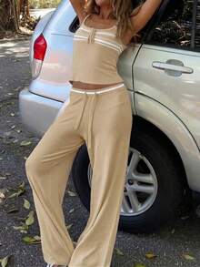 Women's Casual Minimalist Bowknot Camisole Top And Drawstring Waist Elastic Waist Knit Pants 2-Piece Set, Spring/Summer - Khaki - View 6