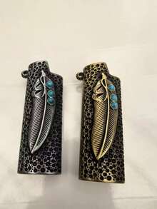 1PC Gold Feather Design Turquoise Embellished Lighter Case - Embossed Metal Textured BIC J6 Feather Turquoise Lighter Shell, Suitable For BIC J6 Lighter Use, Portable Decorative Metal Shell Cover, Snap Closure, Reusable Fashion Decorative Accessory, Ideal Gift Choice For Men Smokers, Father's Day, Birthday Or Daily Use, Perfect Choice For Christmas And Halloween Gifts, |Elegant Appearance - Multiple Styles - View 10