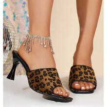 青少年夏季方头细高跟凉鞋，欧美风明星同款高跟鞋，舒适休闲拖鞋 - 棕色 - 查看 6