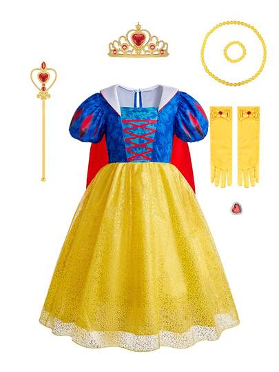 9件套女童蓝黄短袖碎花Polo领连衣裙套装，含配饰，儿童表演角色扮演服装套装，女童派对圣诞服装