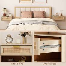 HOMCOM Floating Bedside Tables Set Of 2, Wall Mounted Nightstands With Rattan Drawer And Wood Effect, Boho Side End Tables For Bedroom, Oak - Natural Oak - Xem 6
