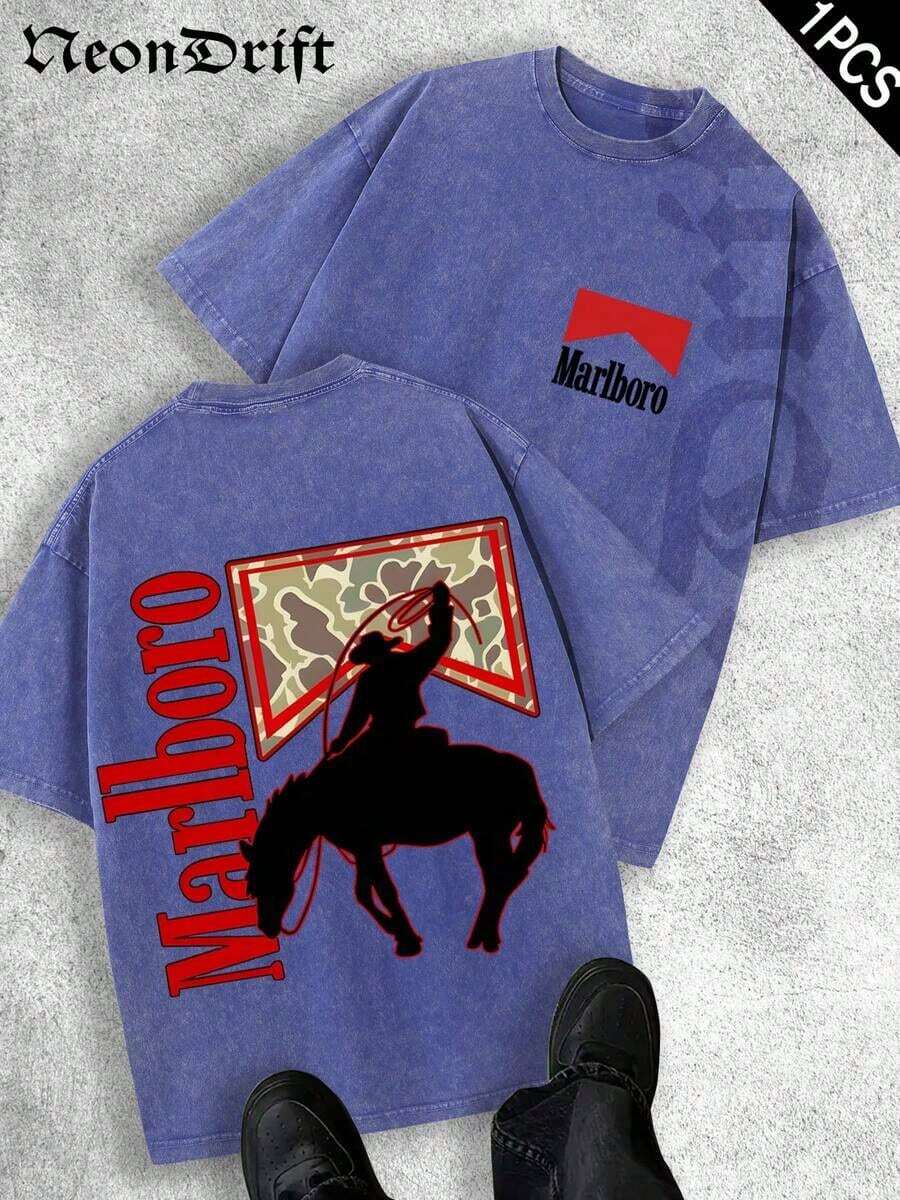 2026 Summer New Unisex T-Shirt, ,,, Valentine's Day,Independence Day And Easter- Logo Print Crewneck T Shirt With Vintage Cowboy Silhouette Design For MenCasual Wear Unisex Style Camiseta Para Hombre Graphic Tees Jesus Shirts - 皇家藍 - 查看 1