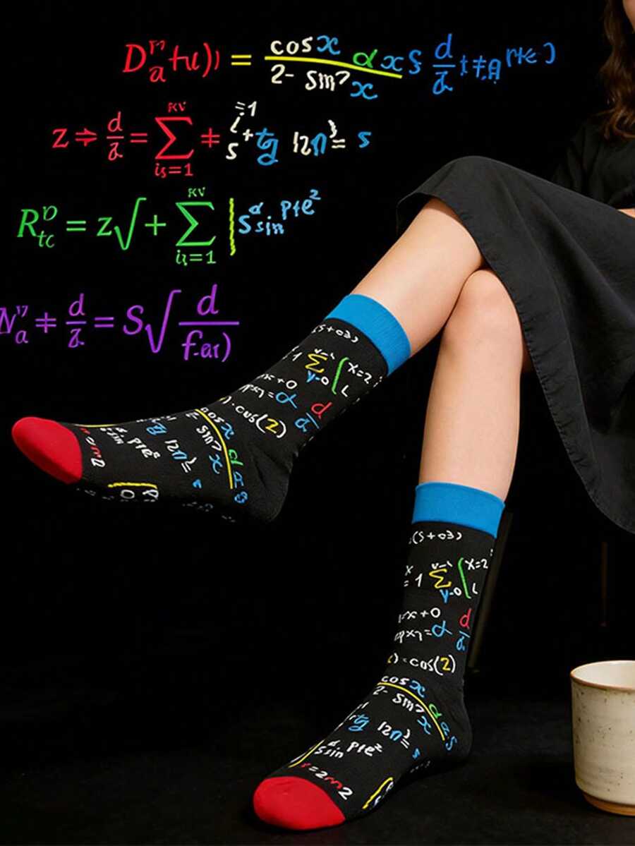 1双黑色数学公式印花时尚百搭中筒袜，适合所有季节，女性街头风格 - 黑色 - 查看 1