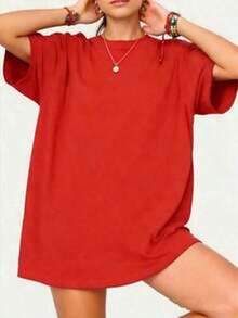 Women's Oversize Round Neck Short Sleeve Spring Summer Tee, Unisex Loose Fit Vintage Street Style Cotton Printed Top For Couples, 100% Cotton - 紅色 - 查看 6
