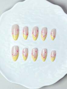 10pcs Handmade Summer New Customized Creamy Yellow French 3D Floral Nail Stickers - White - View 3