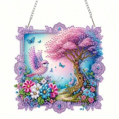 1 pieza Kit de pintura de diamantes acrílicos 2D, Colgante de arte acrílico con paisaje creativo de pájaro y árbol, Colgante de arte acrílico de forma especial