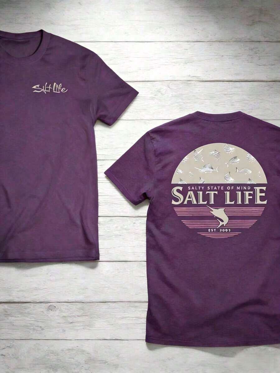 The "Salt Life" T-Shirt, Featuring A Print Of Near-Shore Fish, Is Ideal For Ocean Lovers And Beach Adventurers. Print Y2K Crew Neck T Shirt For Women, Holiday, Vacation, Spring, Festival,Graphic Tees,Vintage T Shirts,Free Shipping,100% Cotton - Màu tím - Xem 1