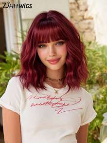 7JHH WIGS Tóc giả ngắn gợn sóng màu đỏ rượu vang ombre có mái cho nữ, dài 12 inch, tóc giả xoăn gợn sóng ngắn với chân tóc tối màu, tóc giả tổng hợp tự nhiên chịu nhiệt, thích hợp cho hóa trang hàng ngày, phụ kiện tóc giả cho lễ hội âm nhạc và tiệc tùng. - Màu Đỏ Sâu - Xem 1