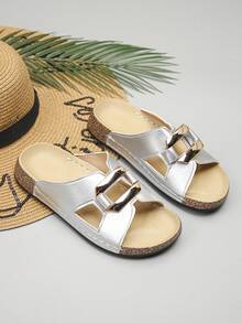 Sandale plate cu toc jos, cu decor metalic, pentru femei, mărime mare, cu fund moale din plută, la modă, papuci casual argintii de vară pentru femei, sandale de plajă pentru vacanță, cadou de Ziua Mamei - Argint PU - Vizualizare 7