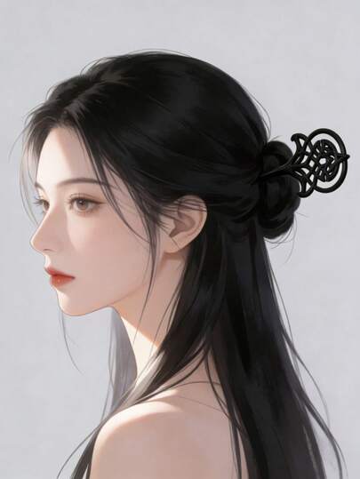 1pc 3D Printed Vintage Hollow Black Sandalwood Hair Clip, New Chinese Style Hair Accessory, Elegant Hanfu Decoration