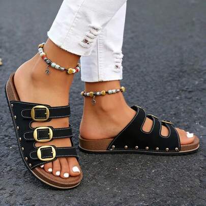 Rivet Decorated Metal Slip-On Adjustable Size Open Toe Thick Sole Outdoor Daily Comfortable Casual Fashion Office Lightweight Elegant Minimalist Women Shoes, Round Toe, Versatile, Gift, Camping, Party, Casual, Gathering, All Season, Travel, Retro Design Flat, Retro Outdoor, Slip-On, Soft Sole Soft Face Beach Shoes, Sports, Comfortable, Outdoor, Wedding New Style, Can Be Matched With Dresses