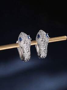 1 Pair Women's Luxury Snake-Shaped Earrings, Fully Inlaid With Cubic Zirconia And Blue Sapphire Eyes, Bold Exaggerated Jewelry Suitable For Party/Nightclub/Wedding - Silver - View 6