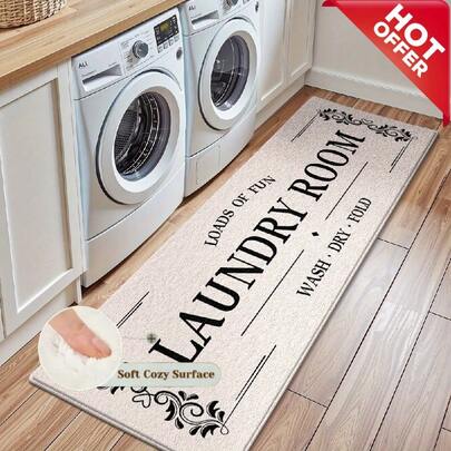 1件装“洗衣房”趣味印花水晶绒地毯 - 柔软舒适的表面，米色底面上印有醒目的黑色字母，防滑且可机洗，适用于杂物间、门厅或入口装饰。浴室地垫