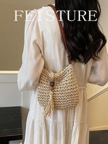 1pc FEISTURE Straw Woven Tassel Crossbody Bag, Suitable For Beach Vacation - Beige - View 6