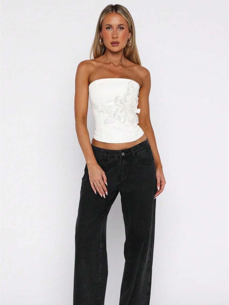 Women Summer Crop Tube Tops Sequin Floral Off-Shoulder Bandeau Backless Shirts For Streetwear - White - View 1