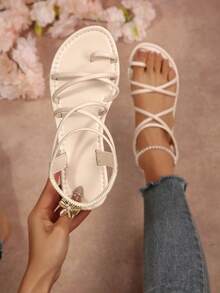 New Versatile Criss-Cross Strap Flat Sandals, Summer Roman Style Slip-On Sandals, Gentle Goddess Vibe - Beige - View 1