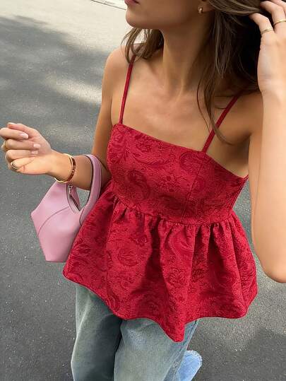 2026新款纯色印花扭结露背吊带荷叶边下摆提花吊带背心，适合派对、街头、音乐会、优雅场合、假日、教师节、度假、夏季、春季女装