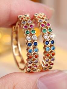 1 Pair Of Gold-Tone Pave Zirconia Multicolor Bezel Hoop Earrings Huggie Earrings Dainty Radiant Jewelry For Daily Wear Wedding Party Gift For Women - Colorful - View 4