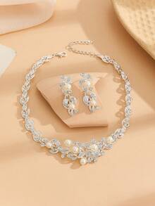 3pcs/Set White Flower Rhinestone Earrings & Necklace Set, Luxurious Wedding Jewelry Gift For Women - White - View 2