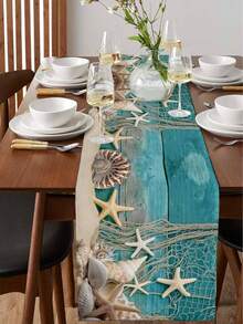 Summer Beach Starfish Shell Teal Wooden Board Texture Table Runner Party Decor Washable Farmhouse Kitchen Dining Table Runner Wedding Decorations - Multicolor - View 5