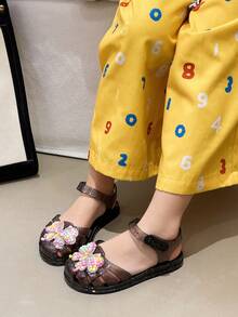 Giày sandal đính nơ lấp lánh cho bé gái, kiểu dáng công chúa hở mũi, quai ngang mắt cá chân, thích hợp cho mùa hè đi biển và mặc hàng ngày. - màu đen - Xem 3