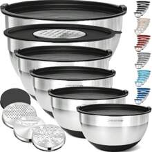 6Pc Large Mixing Bowls With Lids Set with Non-Slip Bases Stainless Steel Mixing Bowl Set 6 Airtight Lids and 3 Graters Black - Negro - Ver 9