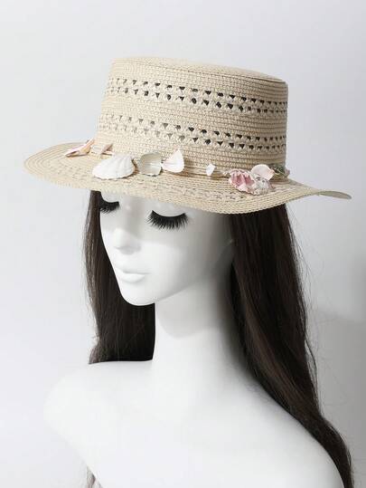 1pc Women's Handmade Woven Seashell Decor Straw Hat, Round Crown Flat Brim Cap, Summer Face-Slimming Sun Hat For Beach Vacation, Photo Shooting & Outdoor Use