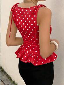 Nueva llegada Elegante y de moda Blusa casual sin mangas para mujer con volantes y lunares, adecuada para uso diario, ir al trabajo, citas sexys, todas las estaciones Rojo - Rojo - Ver 2