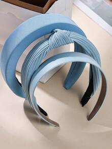 3 件装女士多款式蓝色发带，时尚海绵/纯色/条纹顶部打结发带，适合运动和日常佩戴的发饰 - 淺藍色 - 查看 2
