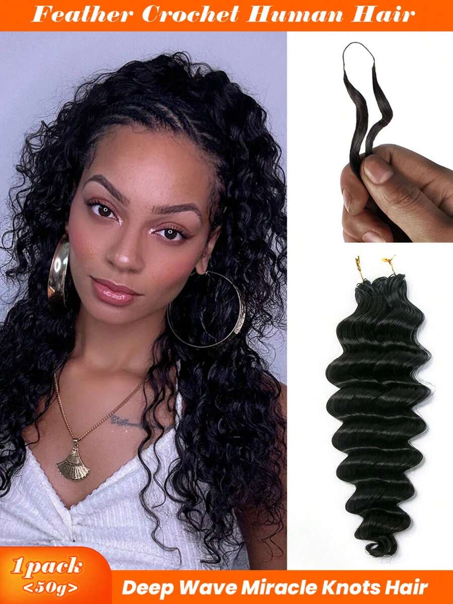 Tóc giả móc sợi Feather Crochet Hair 50g/gói, tóc thật, kiểu Feather Line, bện móc sợi mềm mượt, không đường nối, vô hình, màu đen tự nhiên, phong cách Boho, dành cho tóc mỏng, tóc giả móc sợi siêu nhỏ, kiểu sóng sâu, làm từ tóc thật. - Natural Black - Xem 1
